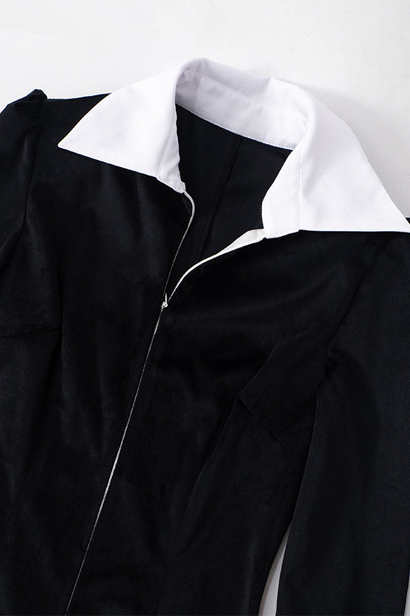 Zipper Contrast Turndown Collar One Step Skirt Dresses