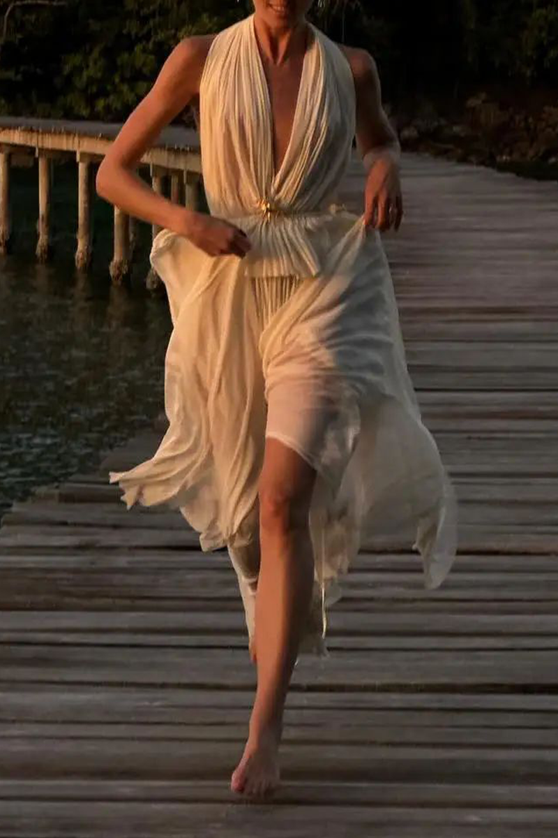Backless Ruched Irregular Halter Sleeveless Two Pieces