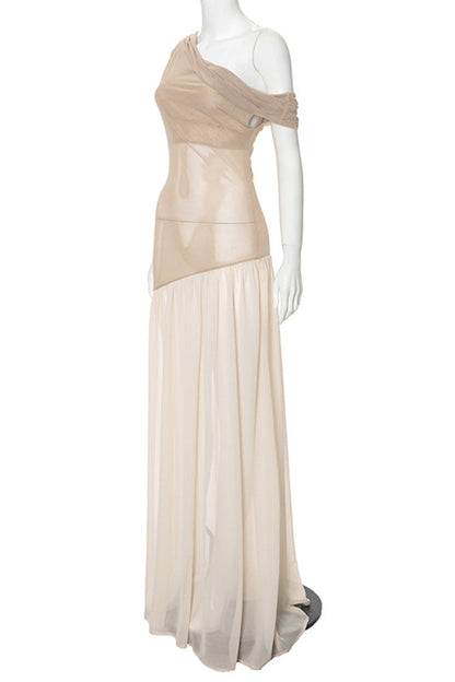 Patchwork See-through Irregular Oblique Collar Long Dresses