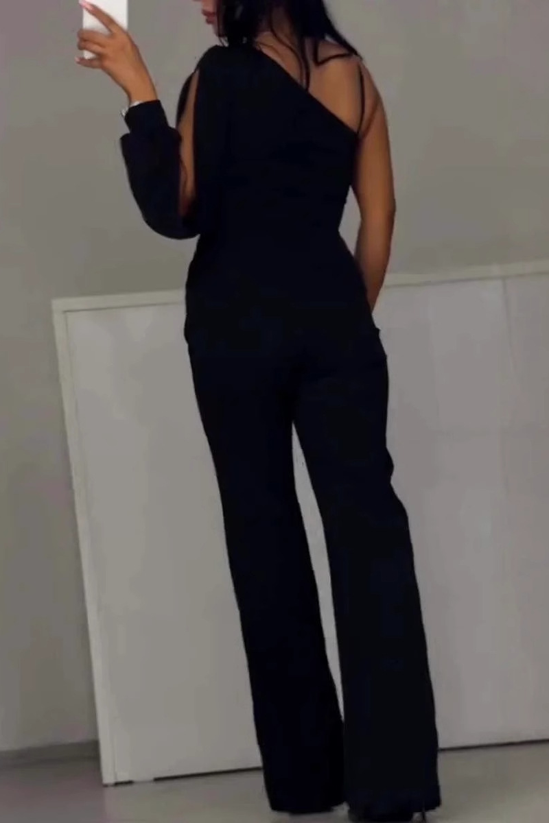 See-through Mesh Sloping Shoulder Regular Jumpsuits(2 Colors)