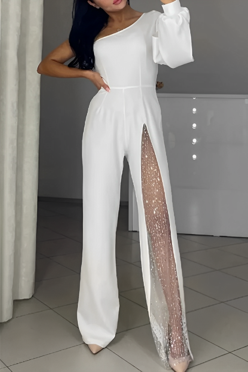 See-through Mesh Sloping Shoulder Regular Jumpsuits(2 Colors)