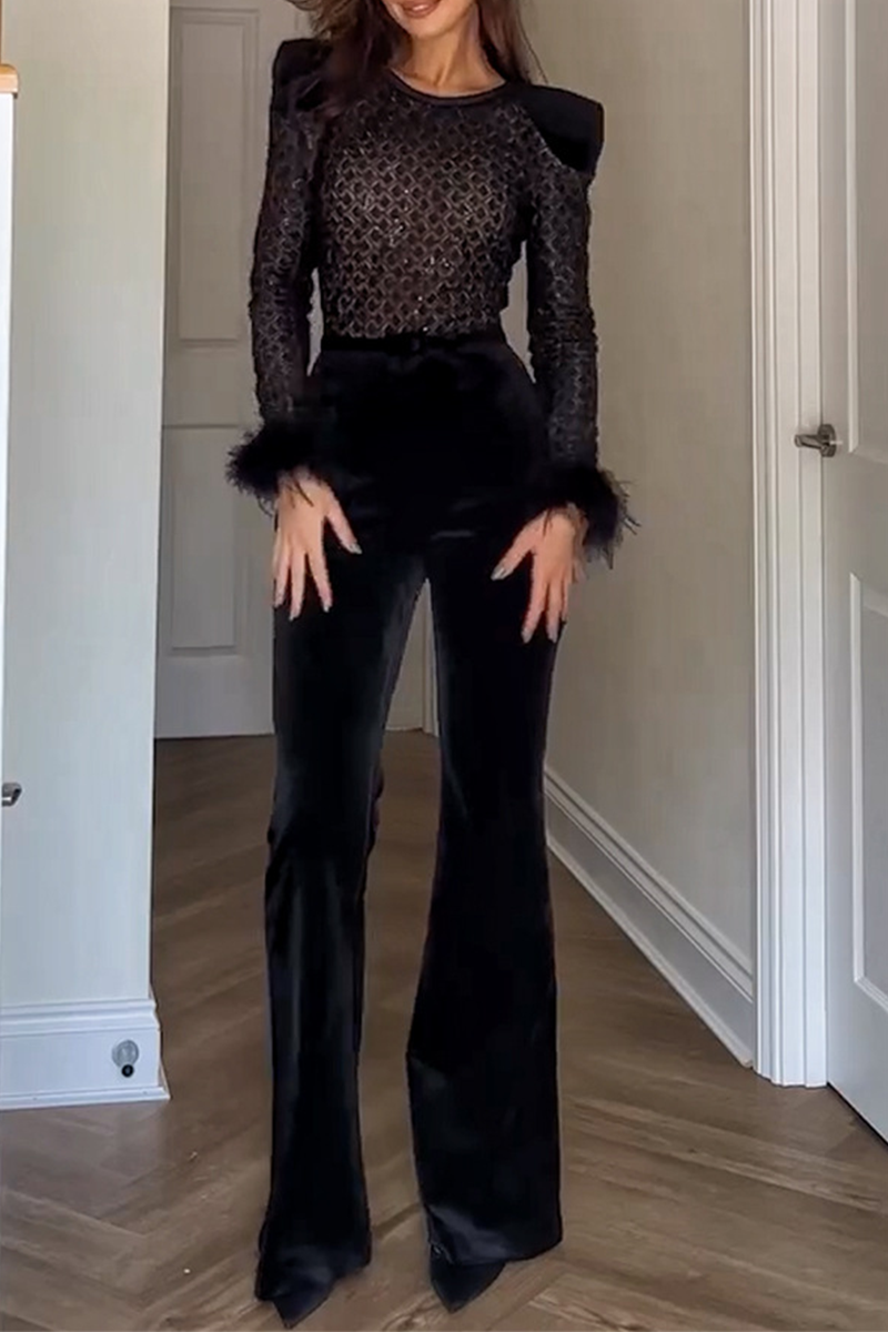 Patchwork See-through Velvet O Neck Regular Jumpsuits