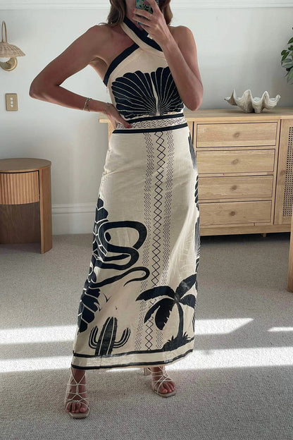 Vacation Print Contrast Halter One Step Skirt Dresses