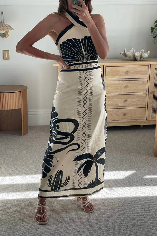 Vacation Print Contrast Halter One Step Skirt Dresses
