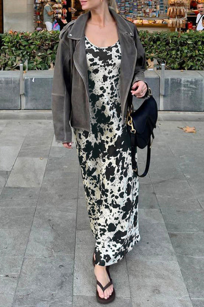 Geometric Print Contrast V Neck One Step Skirt Dresses