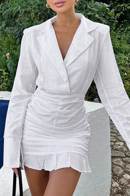 Ruffle Ruched Turn-back Collar Wrapped Skirt Dresses