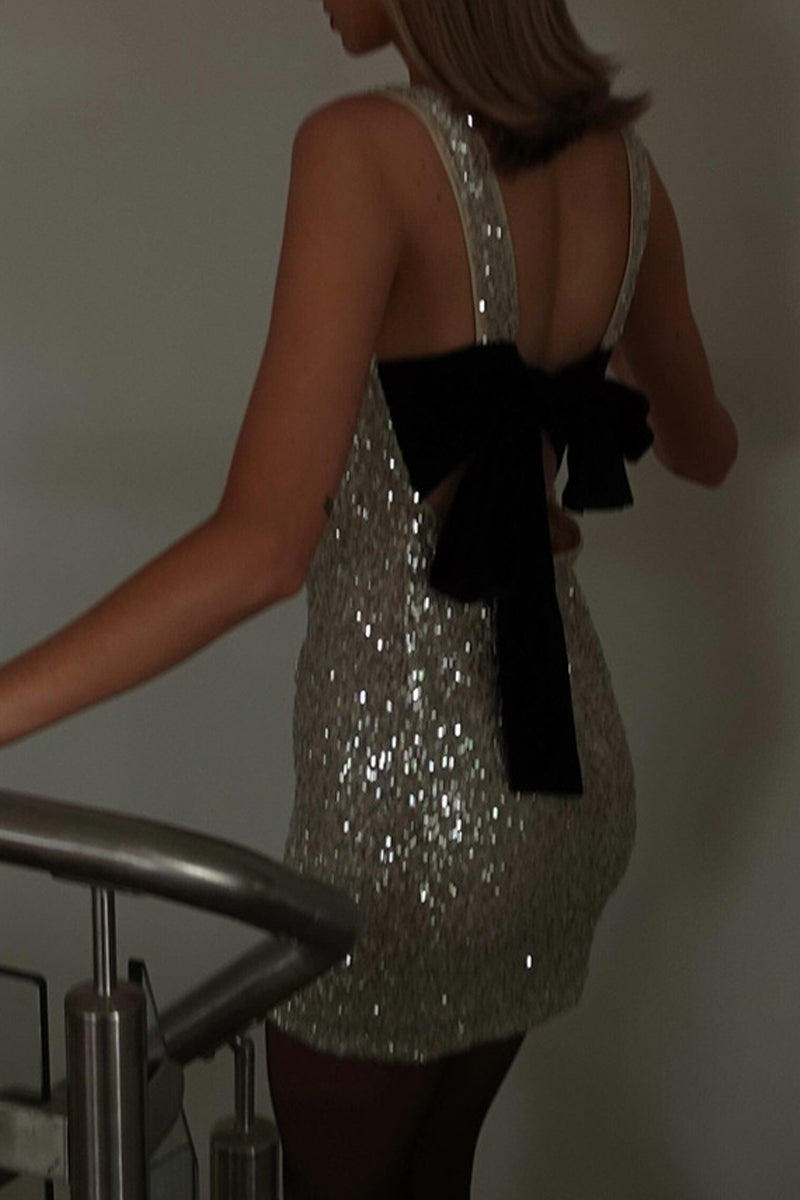 Sequins Lace Up Backless O Neck Wrapped Skirt Dresses
