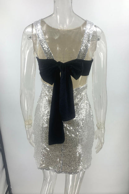 Sequins Lace Up Backless O Neck Wrapped Skirt Dresses