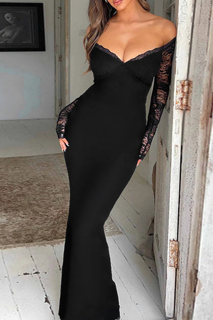 Lace Patchwork Backless Off Shoulder Long Dresses