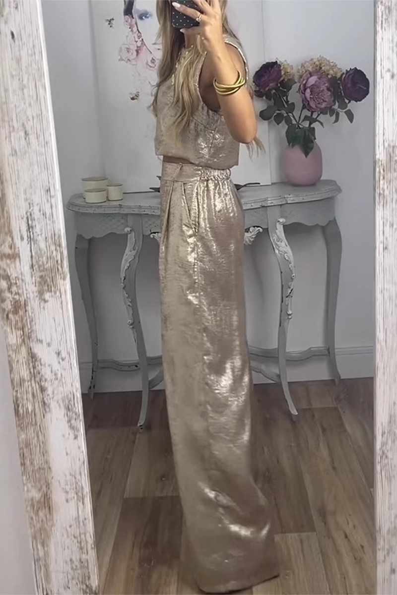 Daily Bronzing Pattern Pocket Sequined O Neck Sleeveless Two Pieces