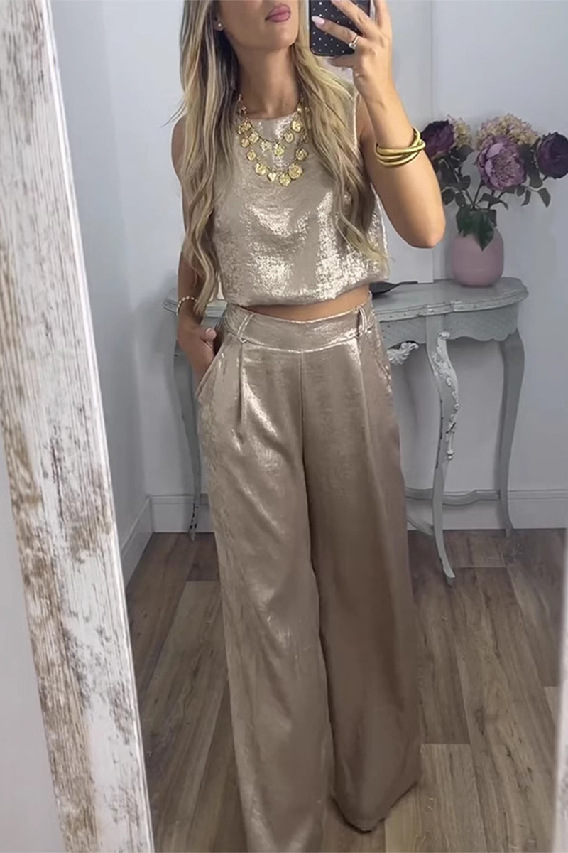 Daily Bronzing Pattern Pocket Sequined O Neck Sleeveless Two Pieces