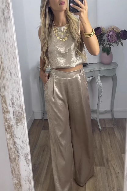 Daily Bronzing Pattern Pocket Sequined O Neck Sleeveless Two Pieces