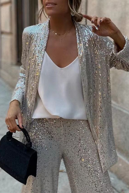 Street Sequins Sequined Cardigan Collar Long Sleeve Two Pieces(3 Colors)