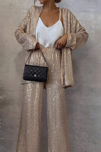 Street Sequins Sequined Cardigan Collar Long Sleeve Two Pieces(3 Colors)