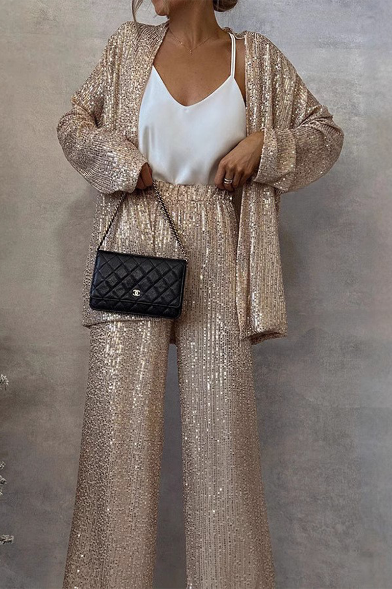 Street Sequins Sequined Cardigan Collar Long Sleeve Two Pieces(3 Colors)