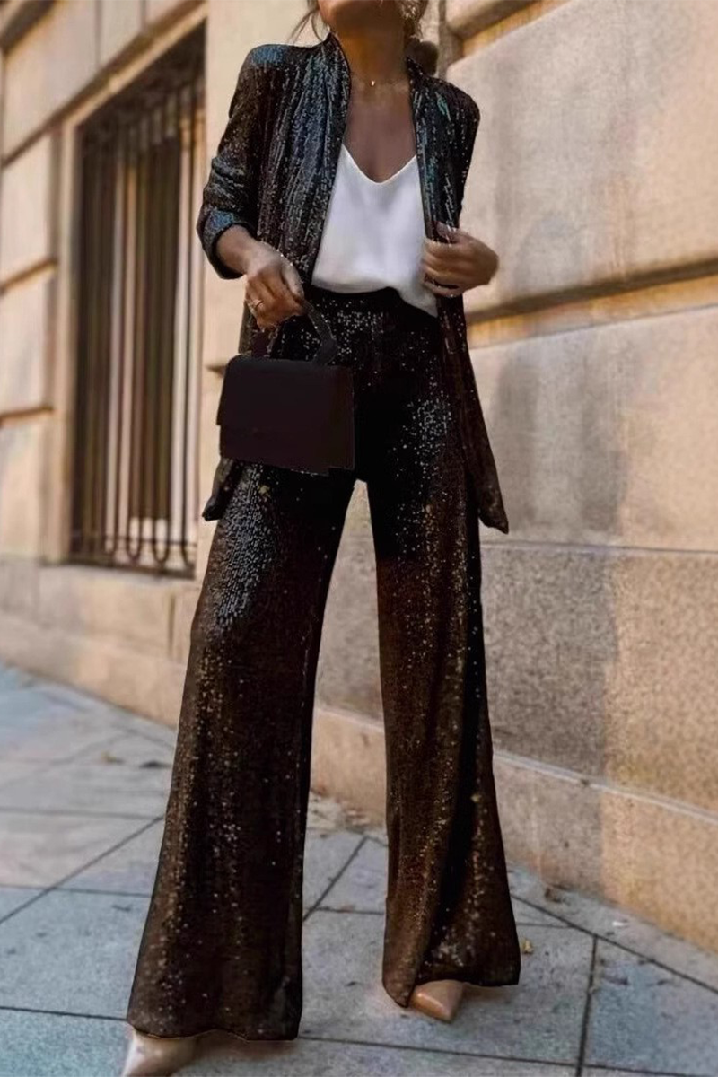 Street Sequins Sequined Cardigan Collar Long Sleeve Two Pieces(3 Colors)