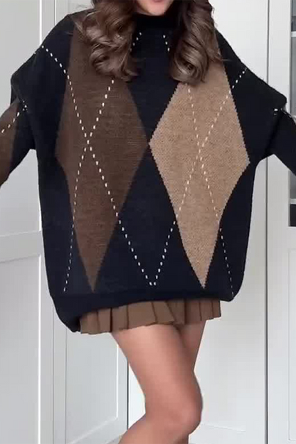 Street Rhombus Patchwork Contrast O Neck Sweaters(4 Colors)