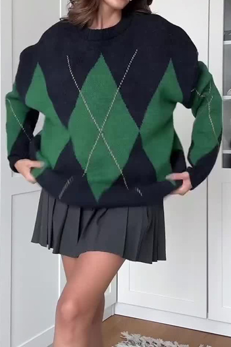 Street Rhombus Patchwork Contrast O Neck Sweaters(4 Colors)