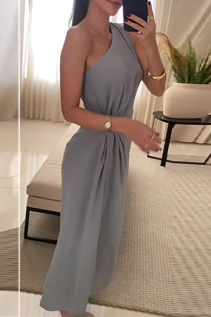 Ruched Irregular Sloping Shoulder Long Dresses