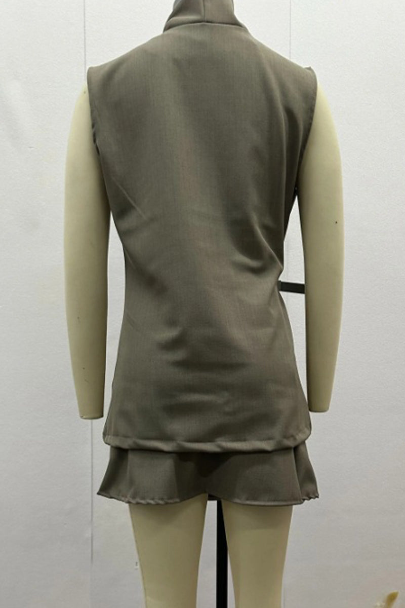 Buttons Adjustable Mandarin Collar Sleeveless Two Pieces