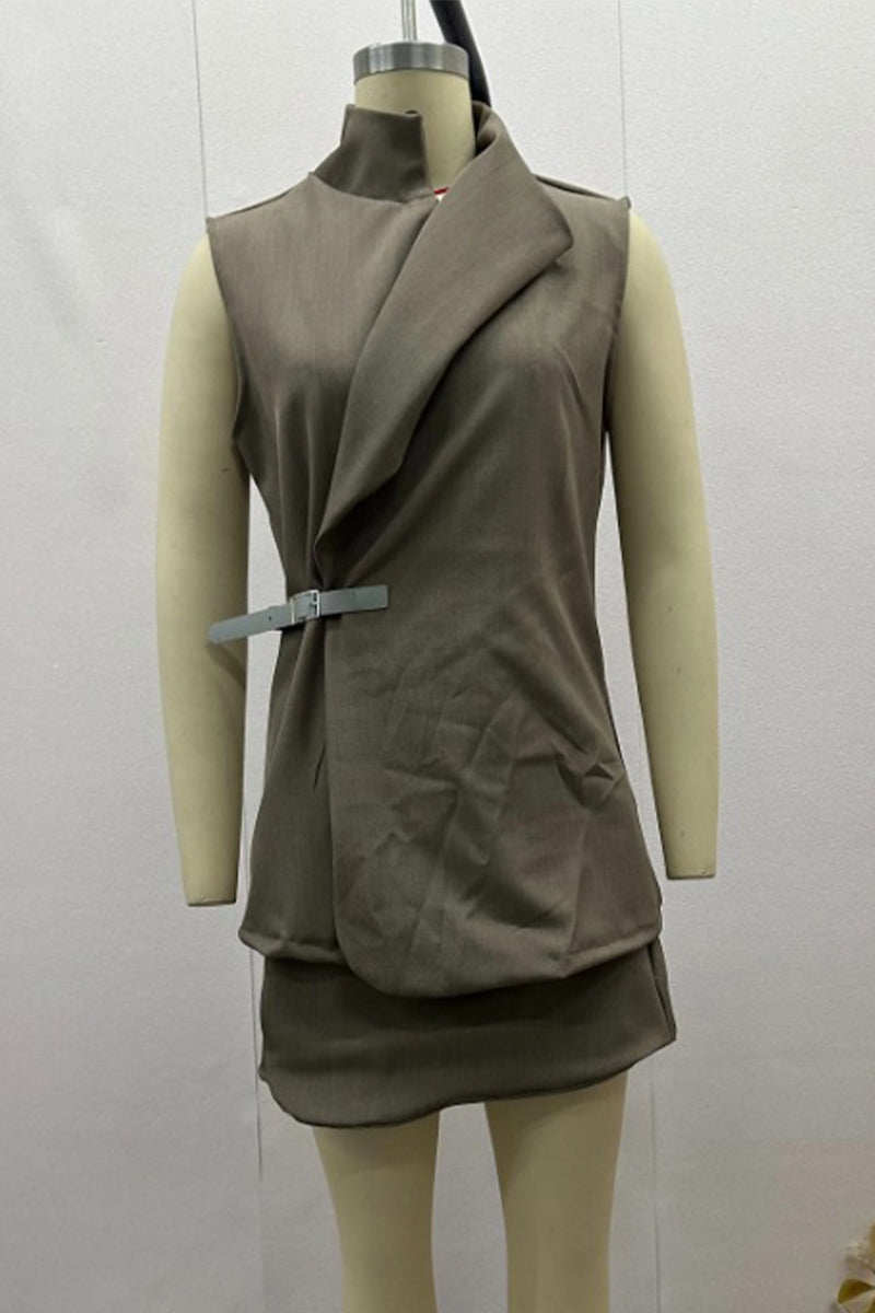Buttons Adjustable Mandarin Collar Sleeveless Two Pieces