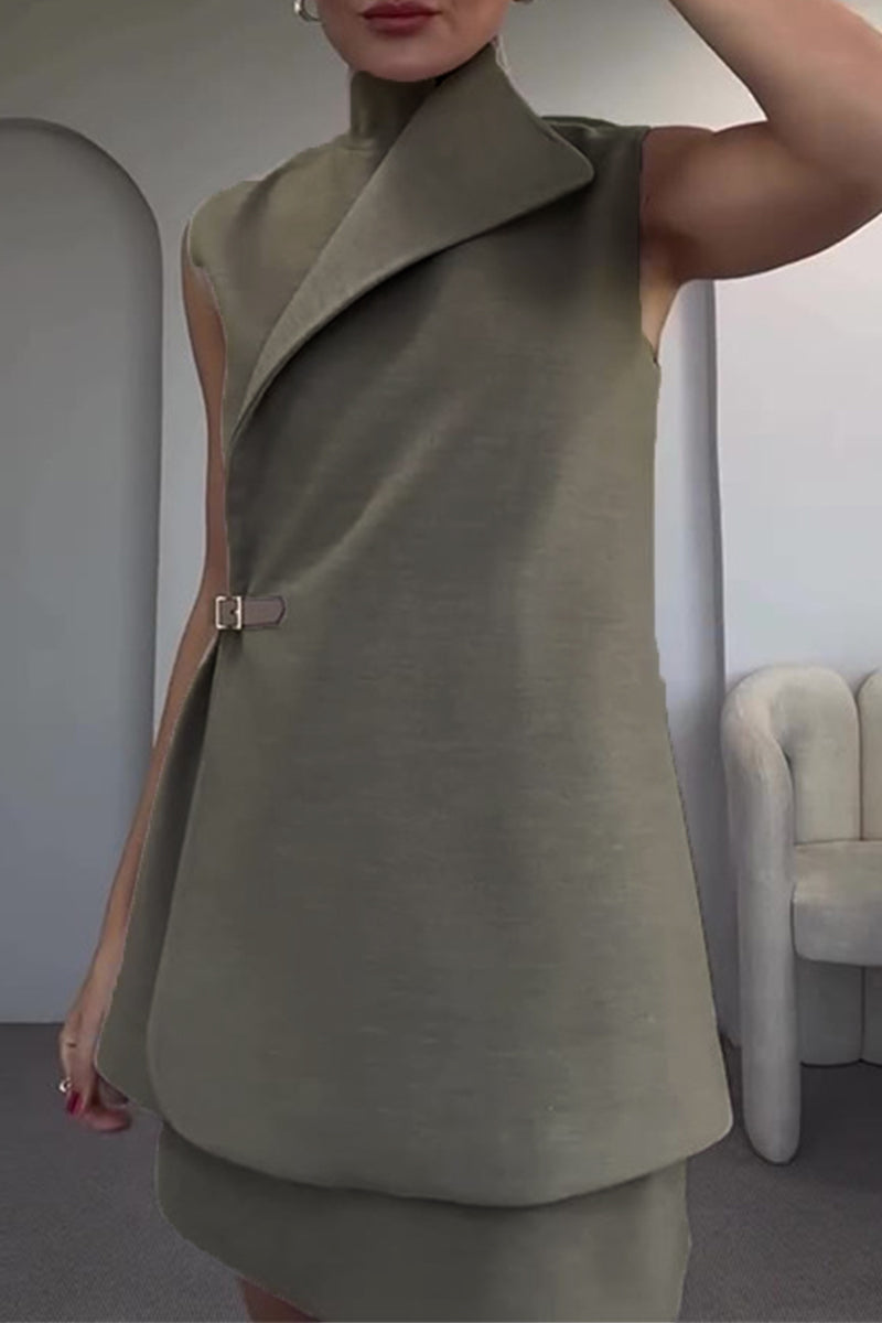 Buttons Adjustable Mandarin Collar Sleeveless Two Pieces