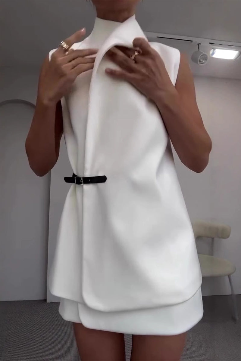 Buttons Adjustable Mandarin Collar Sleeveless Two Pieces