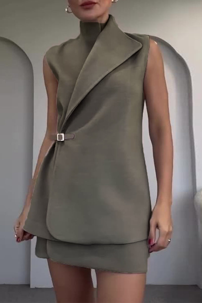 Buttons Adjustable Mandarin Collar Sleeveless Two Pieces