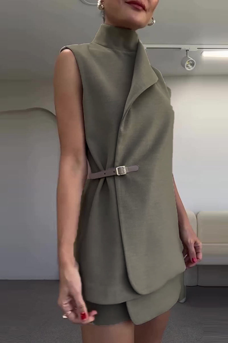 Buttons Adjustable Mandarin Collar Sleeveless Two Pieces