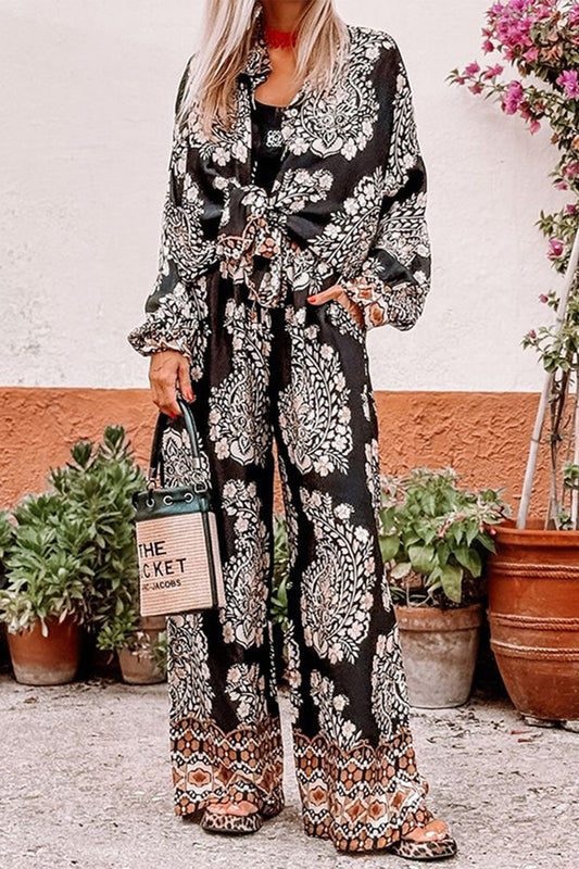 Vacation Print Pocket Buttons Turndown Collar Long Sleeve Two Pieces