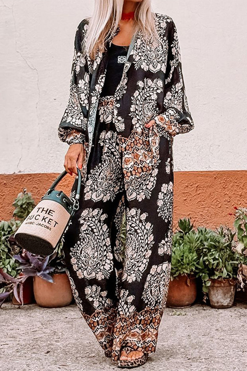 Vacation Print Pocket Buttons Turndown Collar Long Sleeve Two Pieces