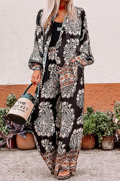 Vacation Print Pocket Buttons Turndown Collar Long Sleeve Two Pieces
