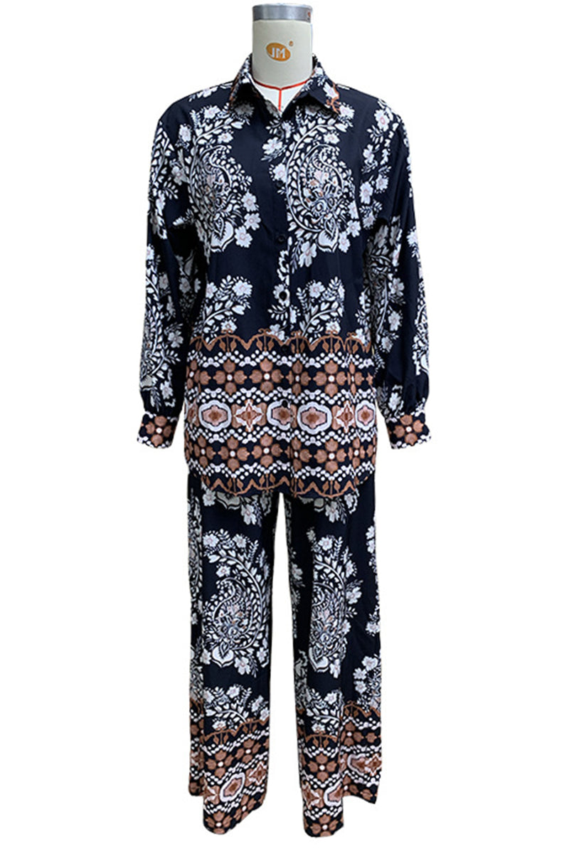 Vacation Print Pocket Buttons Turndown Collar Long Sleeve Two Pieces