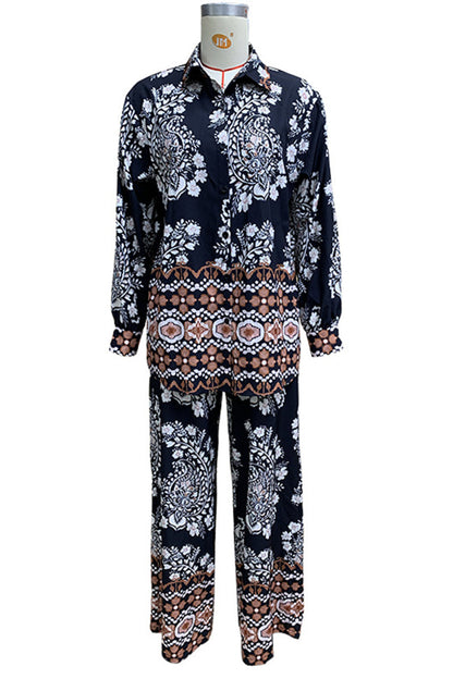 Vacation Print Pocket Buttons Turndown Collar Long Sleeve Two Pieces