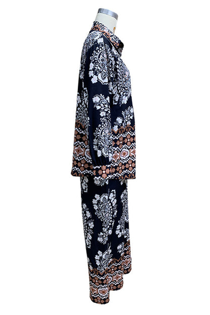 Vacation Print Pocket Buttons Turndown Collar Long Sleeve Two Pieces