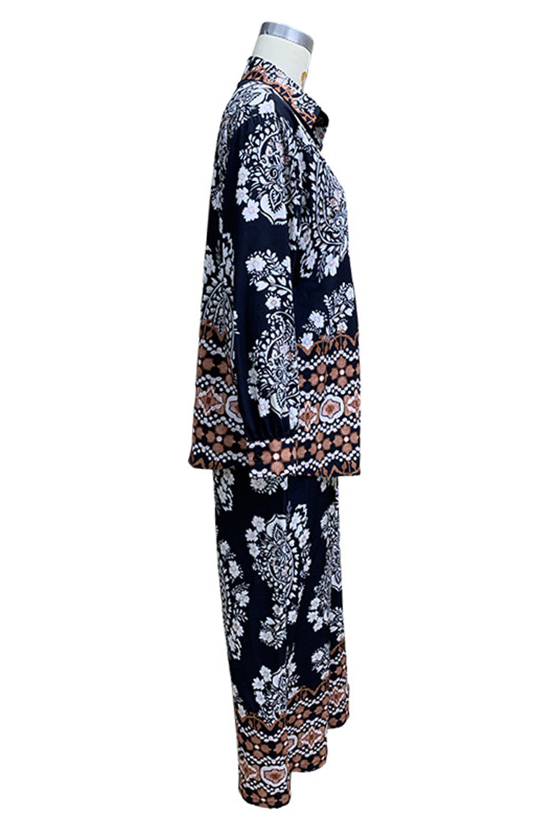 Vacation Print Pocket Buttons Turndown Collar Long Sleeve Two Pieces