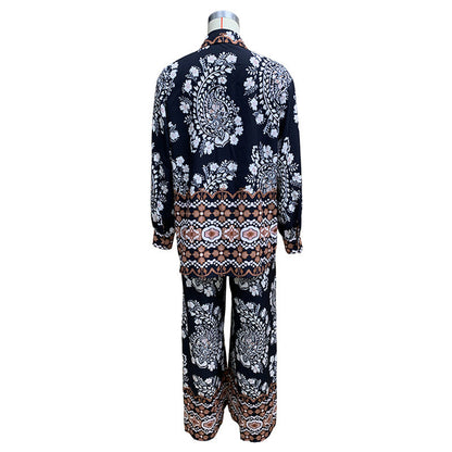 Vacation Print Pocket Buttons Turndown Collar Long Sleeve Two Pieces