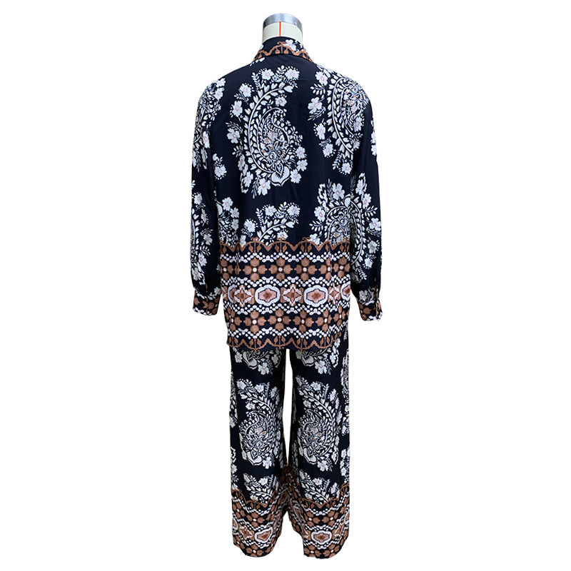 Vacation Print Pocket Buttons Turndown Collar Long Sleeve Two Pieces