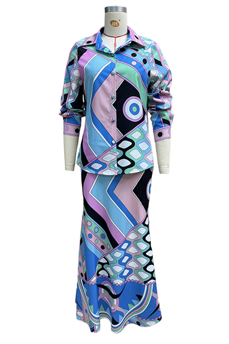 Daily Geometric Print Buttons Patchwork Turndown Collar Long Sleeve Two Pieces