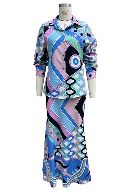 Daily Geometric Print Buttons Patchwork Turndown Collar Long Sleeve Two Pieces