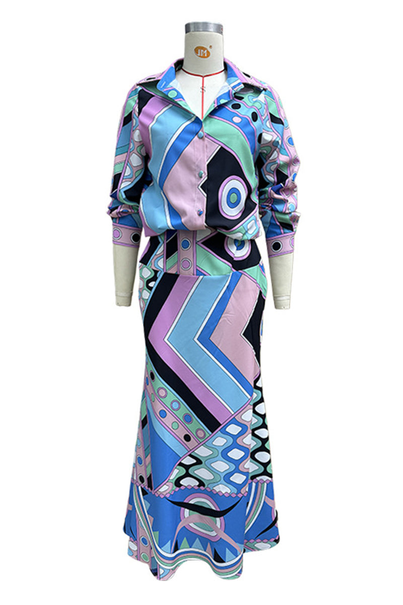 Daily Geometric Print Buttons Patchwork Turndown Collar Long Sleeve Two Pieces