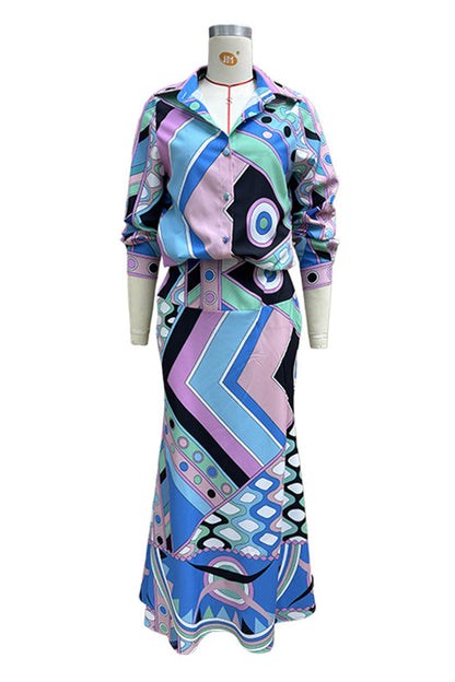 Daily Geometric Print Buttons Patchwork Turndown Collar Long Sleeve Two Pieces
