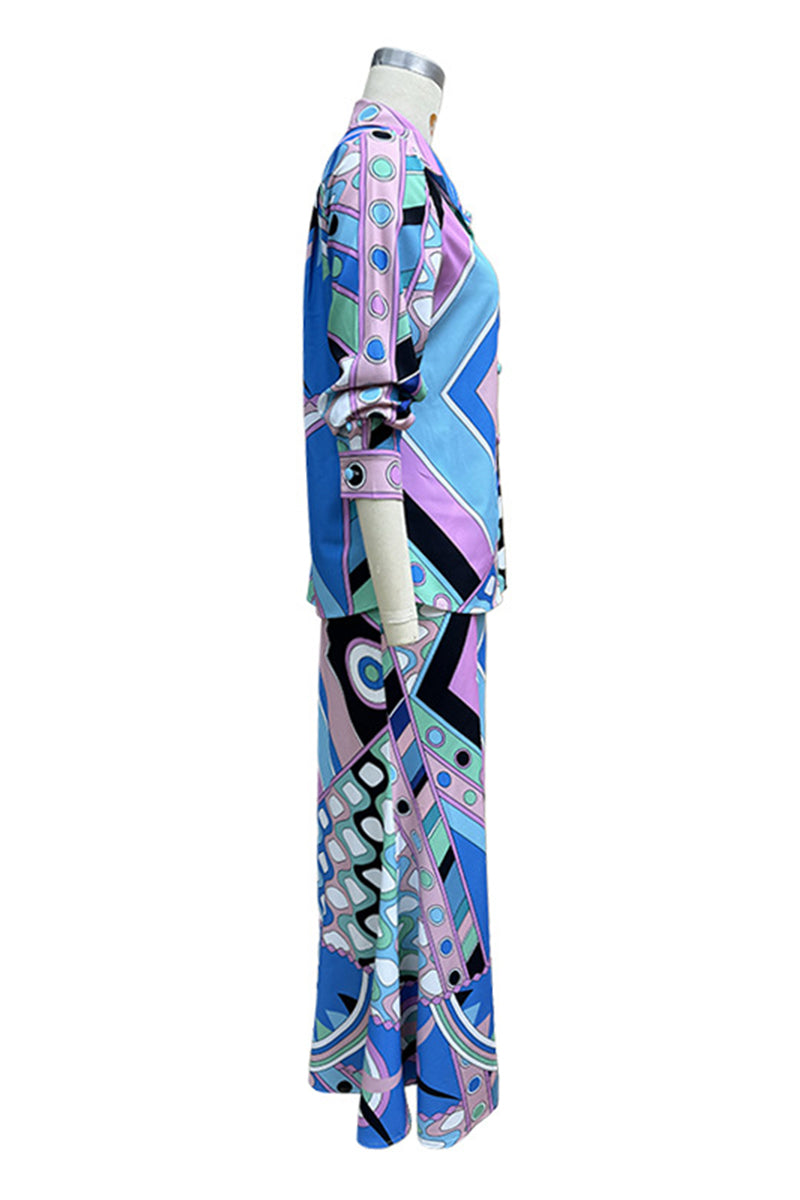 Daily Geometric Print Buttons Patchwork Turndown Collar Long Sleeve Two Pieces