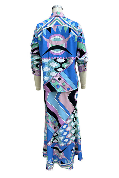 Daily Geometric Print Buttons Patchwork Turndown Collar Long Sleeve Two Pieces
