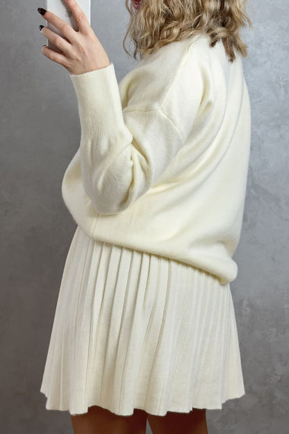 Patchwork Pleated O Neck Long Sleeve Two Pieces