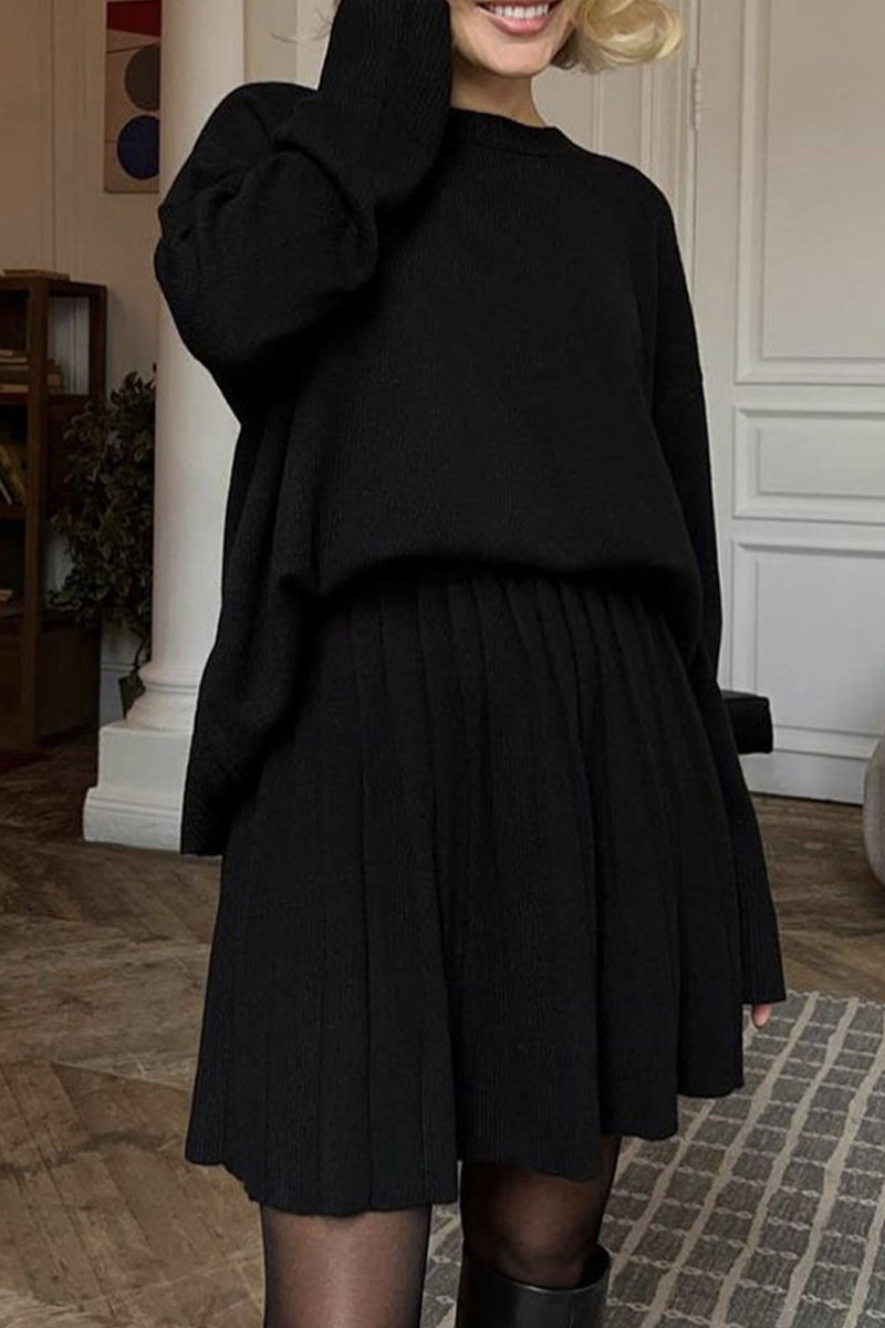 Patchwork Pleated O Neck Long Sleeve Two Pieces