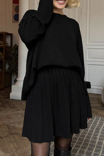 Patchwork Pleated O Neck Long Sleeve Two Pieces