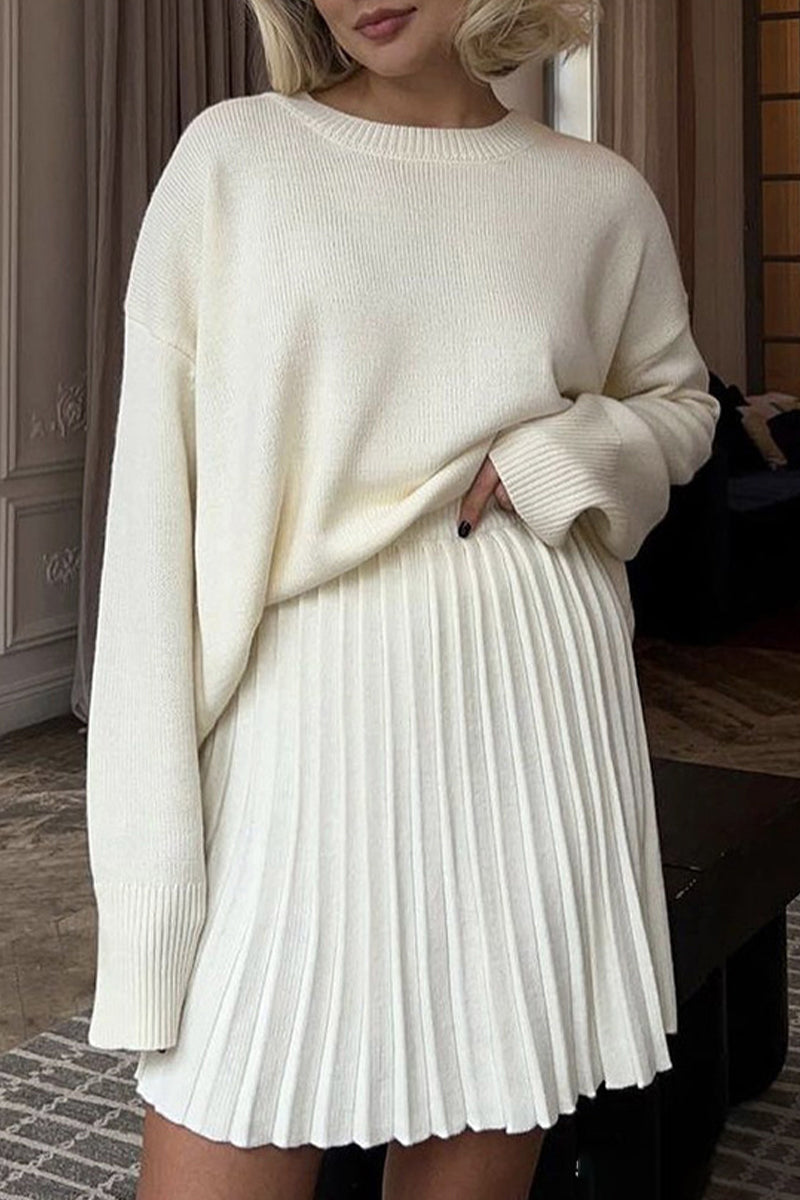 Patchwork Pleated O Neck Long Sleeve Two Pieces