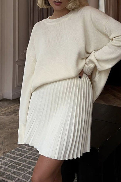 Patchwork Pleated O Neck Long Sleeve Two Pieces