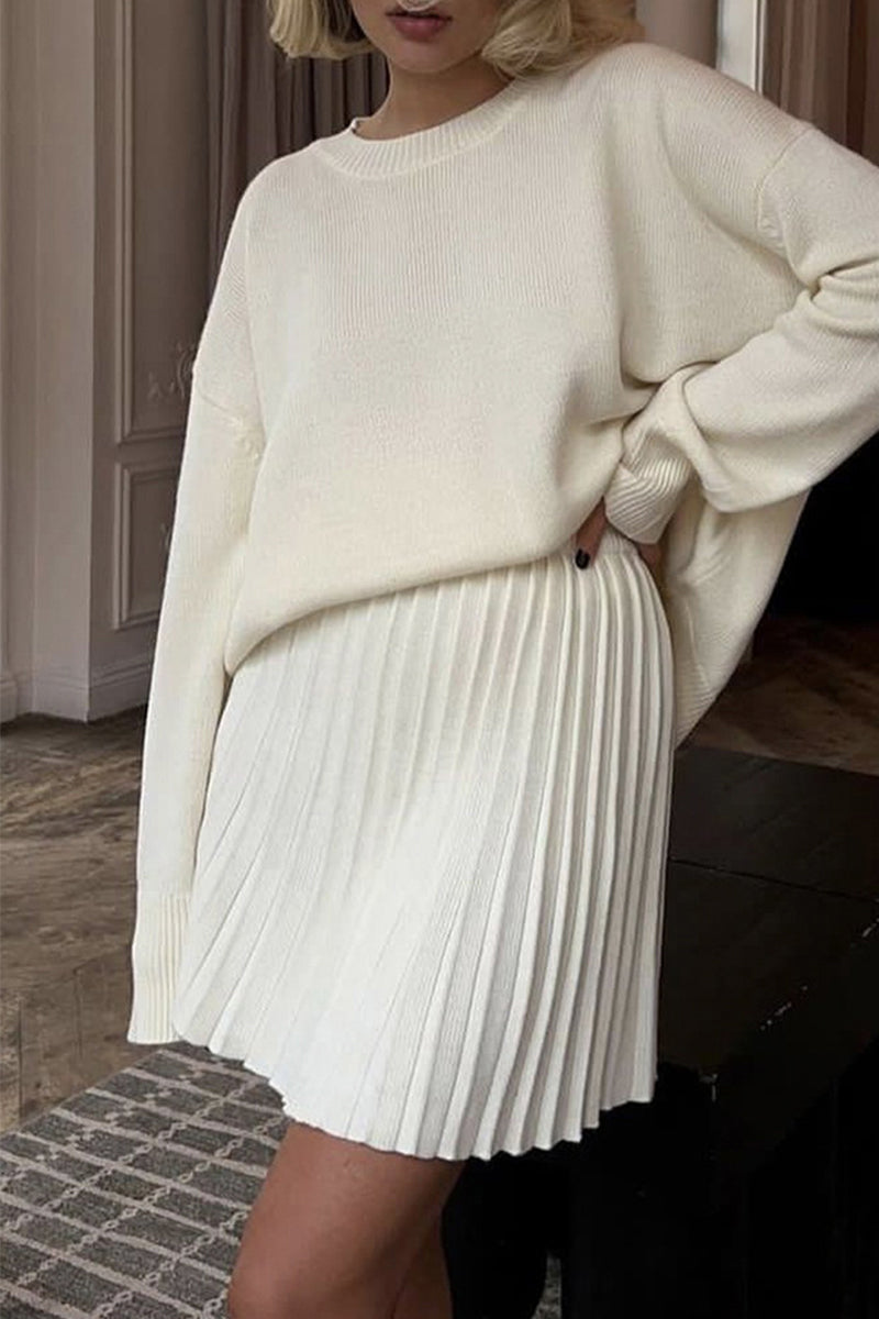 Patchwork Pleated O Neck Long Sleeve Two Pieces